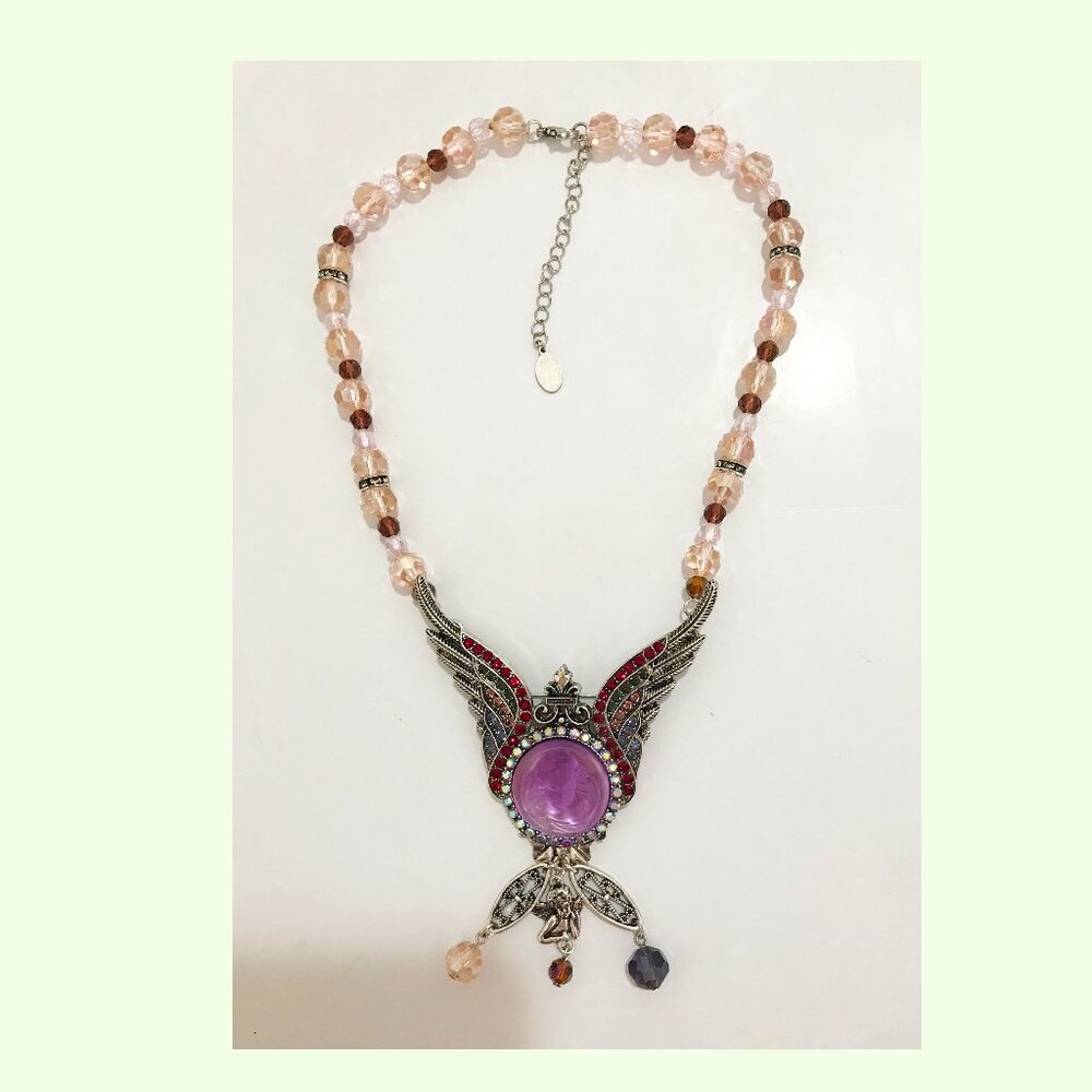 Kirks Folly AB Stone Cameo Dream Angel Pin Pendant Beaded Necklace